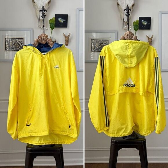 Vintage 90s Adidas Yellow Pullover Windbreaker Blue Stripe L - Picture 1 of 7